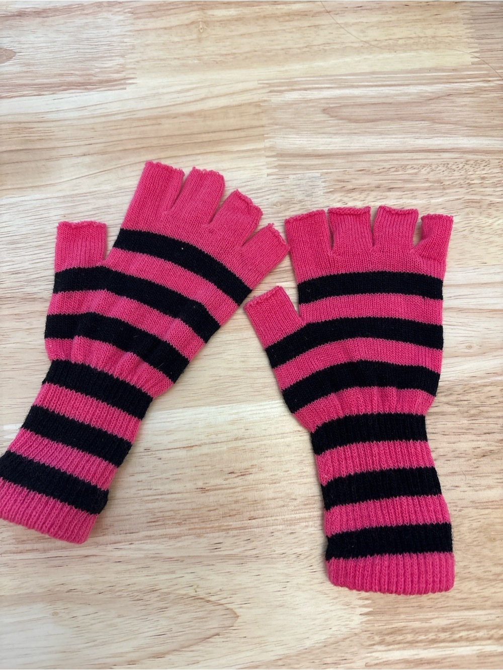 Hot Pink Black Striped Fingerless Knit Gloves Y2K Emo Scene Punk